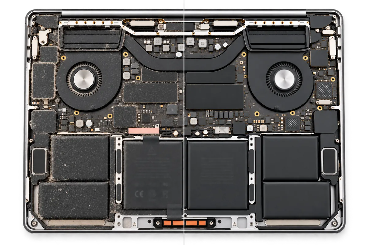 Wnętrze MacBooka Pro - lewa połowa pokryta kurzem, prawa po czyszczeniu
